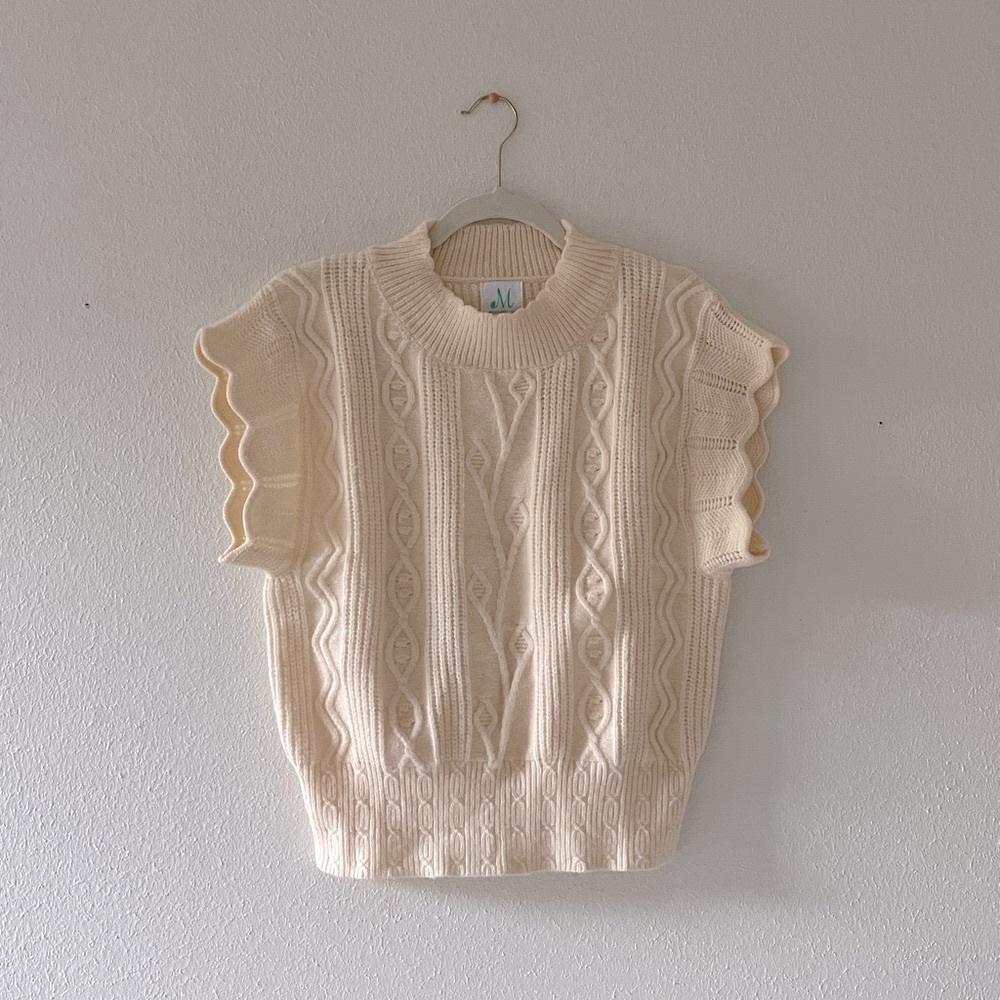 Mint Cable Knit Sweater Short Sleeve Prairie Grandma Cream